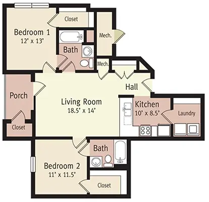 The Harrison Floor Plan Two Bedroom Affordable Apartment in Lynchburg, VA
