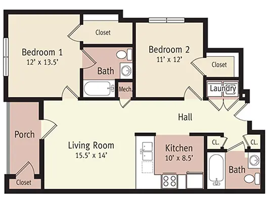 The Jefferson Floor Plan Two Bedroom Affordable Apartment in Lynchburg, VA