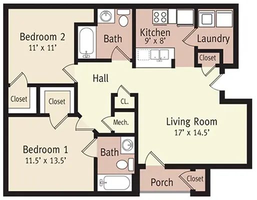 The Madison Floor Plan Two Bedroom Affordable Apartment in Lynchburg, VA