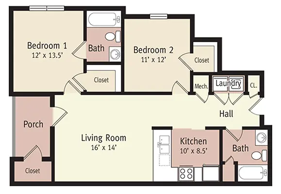 The Monroe Floor Plan Two Bedroom Affordable Apartment in Lynchburg, VA