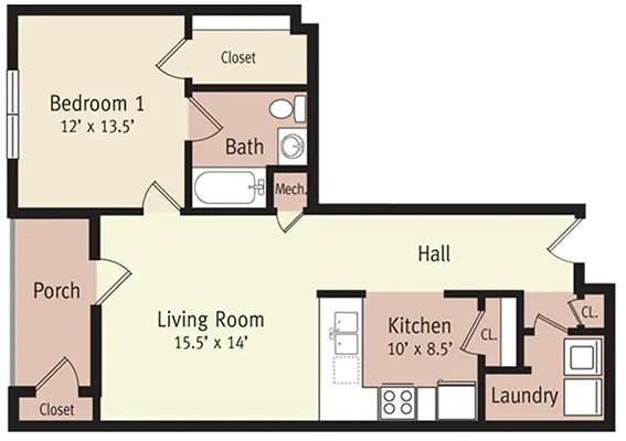 The Tyler Floor Plan One Bedroom Affordable Apartment in Lynchburg, VA