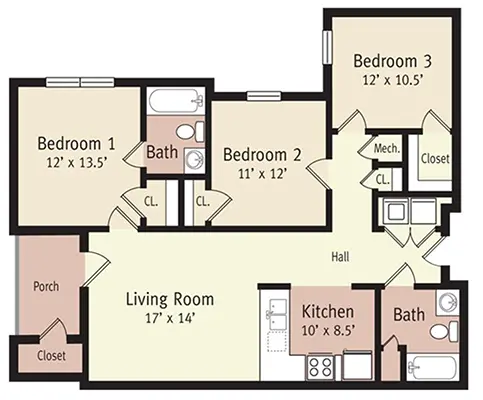 The Washington Floor Plan Three Bedroom Affordable Apartment in Lynchburg, VA